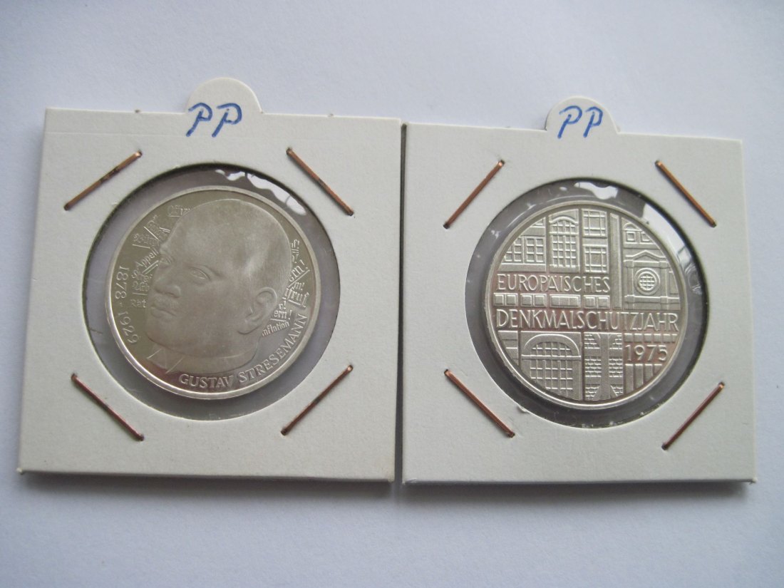  2 x 5 DM PP Gedenkmünzen Silber Stresemann 1978 D + Denkmalschutz 1975 F   