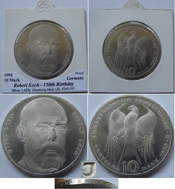  1993 – Deutschland – 10 Mark (J) – 150. Geburtstag von Robert Koch – Silbermünze, PP   