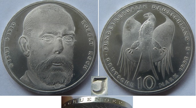  1993 – Deutschland – 10 Mark (J) – 150. Geburtstag von Robert Koch – Silbermünze, PP   