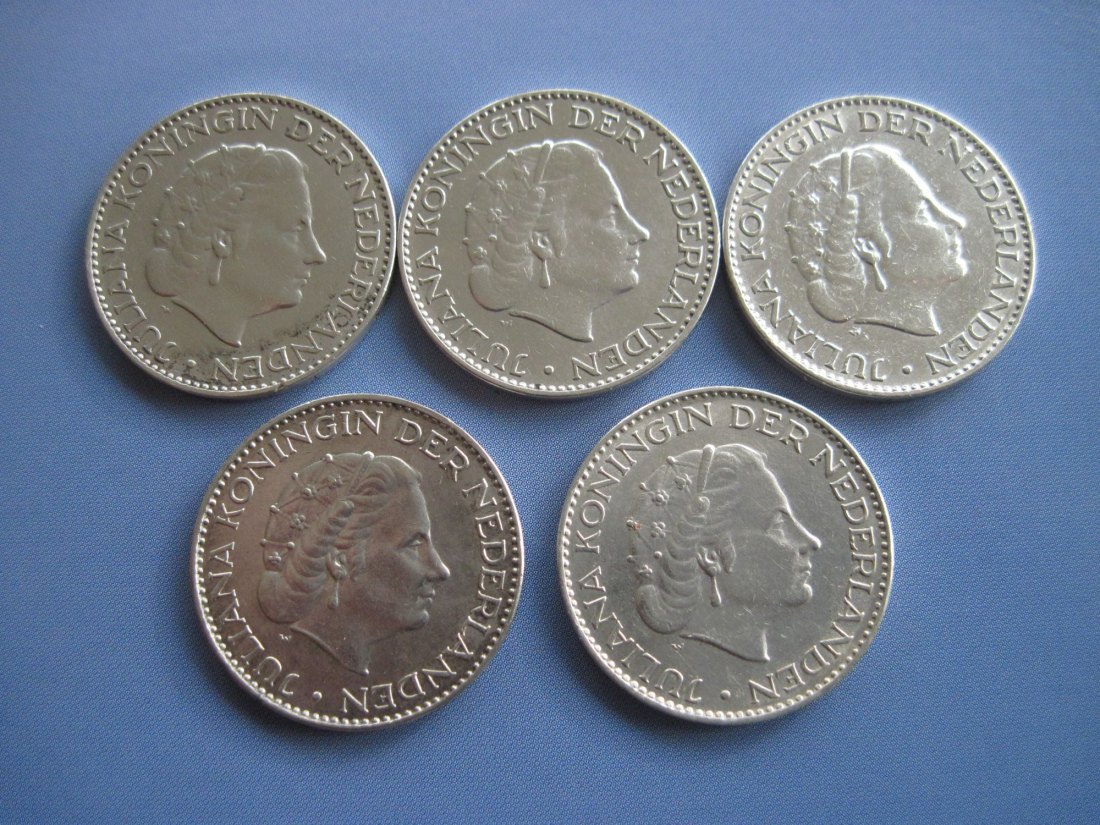  5 x 1 Gulden 1955 -1963 Niederlande Königin Juliana Silber 720/1000   