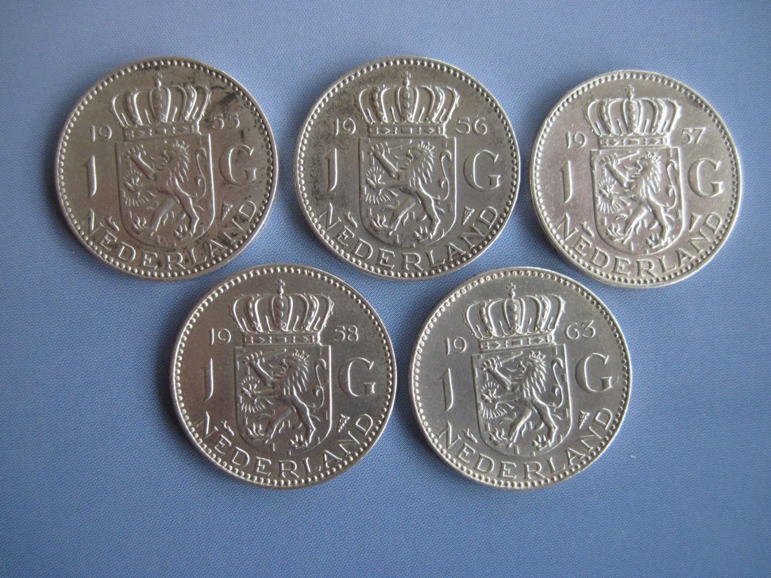  5 x 1 Gulden 1955 -1963 Niederlande Königin Juliana Silber 720/1000   