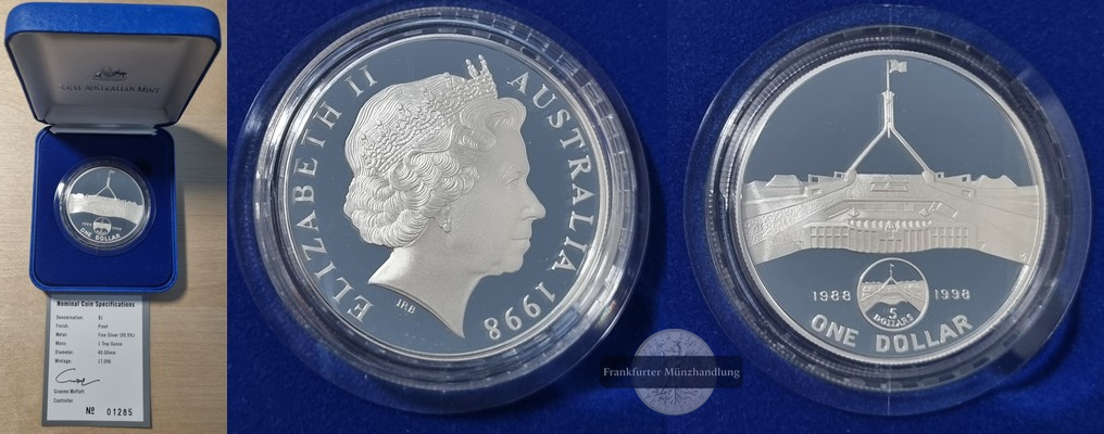  Australien, 1 Dollar 1998 10. Jahrestag - Neues Parlamentsgebäude FM-Frankfurt  Feingewicht: 31,56g   