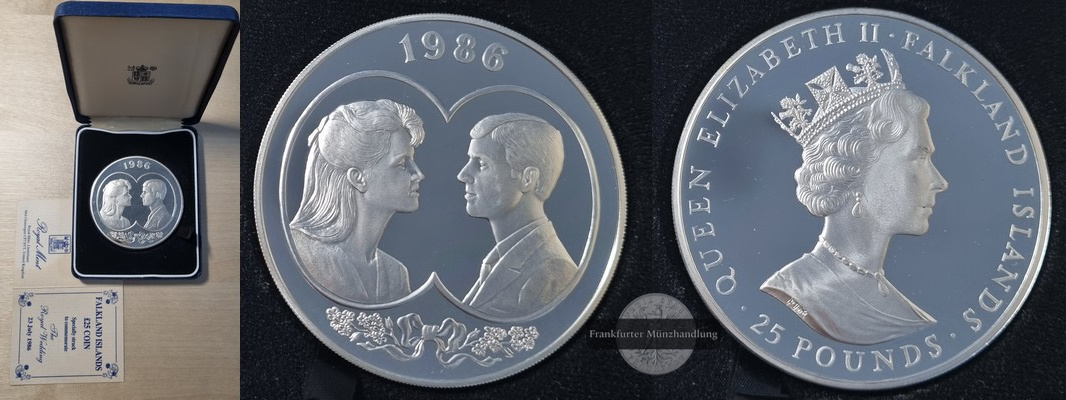  Falkland Inseln  25 Pfund 1986 Hochzeit von Prinz Andrew und Lady  FM-Frankfurt  Feinsilber: 138,75g   