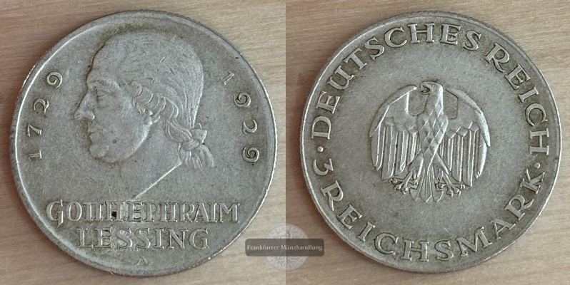  Weimarer Republik,  Lessing  3 Reichsmark (D) 1929 FM-Frankfurt  Feinsilber: 7,5g   