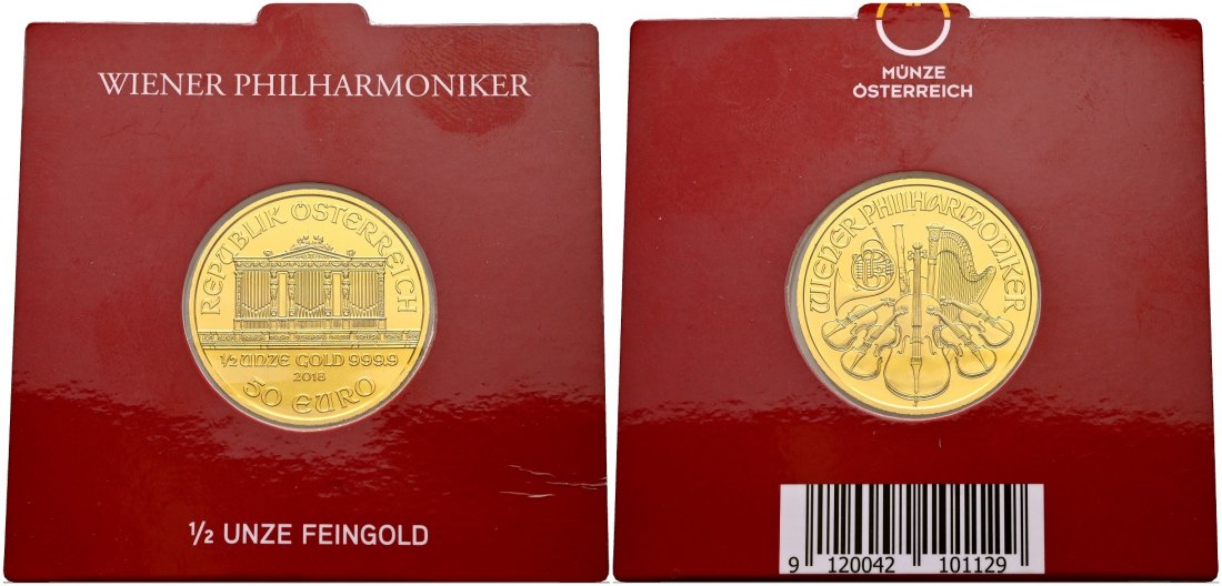 PEUS 2177 Österreich 15,55 g Feingold. Wiener Philharmoniker 50 Euro GOLD 1/2 Unze 2018 Stempelglanz (eingeschweißt)