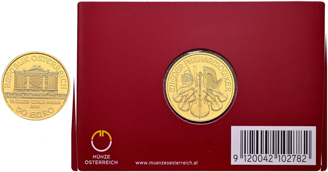 PEUS 2178 Österreich 15,55 g Feingold. Wiener Philharmoniker 50 Euro GOLD 1/2 Unze 2021 Stempelglanz (eingeschweißt)