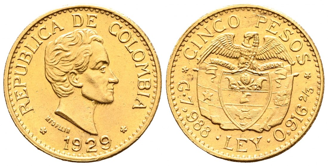 PEUS 2186 Kolumbien 7,32 g Feingold. Simon Bolivar 5 Pesos GOLD 1929 Vorzüglich