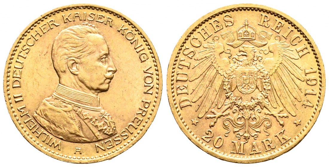 PEUS 2187 Preußen - Kaiserreich 7,16 g Feingold. Kaiser Wilhelm II. (1888 - 1918) in Kürassieruniform 20 Mark GOLD 1914 A Sehr schön / vorzüglich