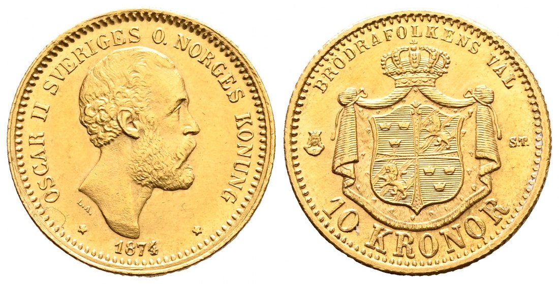 PEUS 2188 Union Schweden & Norwegen 4,03 g Feingold. Oscar II. (1872 - 1905) 10 Kroner GOLD 1874 ST Vorzüglich