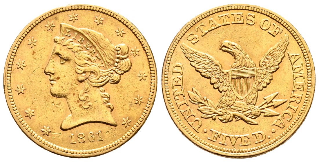 PEUS 2189 USA 7,52 g Feingold. Coronet Head 5 Dollars GOLD 1861 Sehr schön