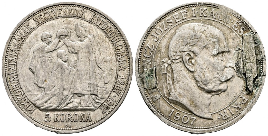 PEUS 2190 Ungarn / Habsburg Jubiläum der Krönung in Ungarn. Joseph II. (1765 - 1790) 5 Korona SILBER 1907 KB Kremnitz Broschierspur, sehr schön