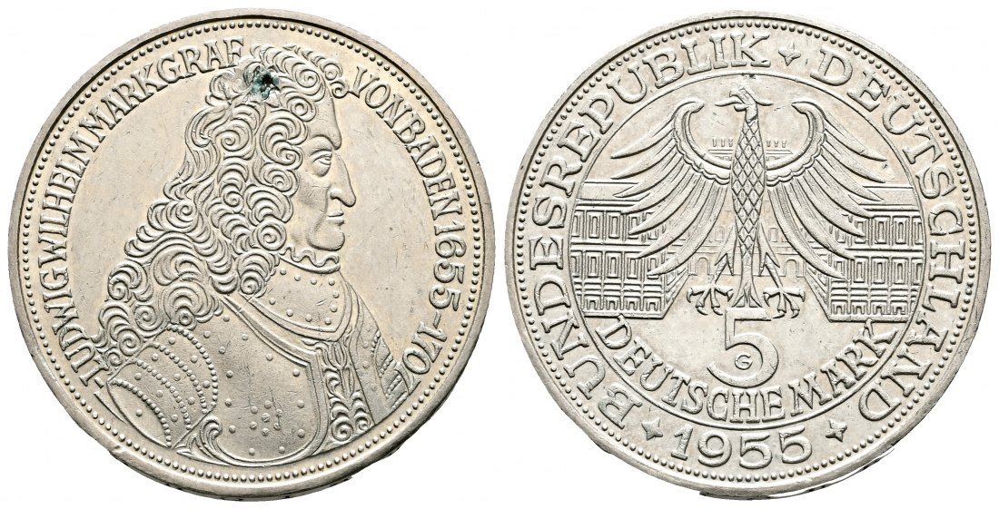 PEUS 2193 BRD Markgraf von Baden, Türkenlouis, 300. Geburtstag 5 Mark 1955 G Fast vorzüglich