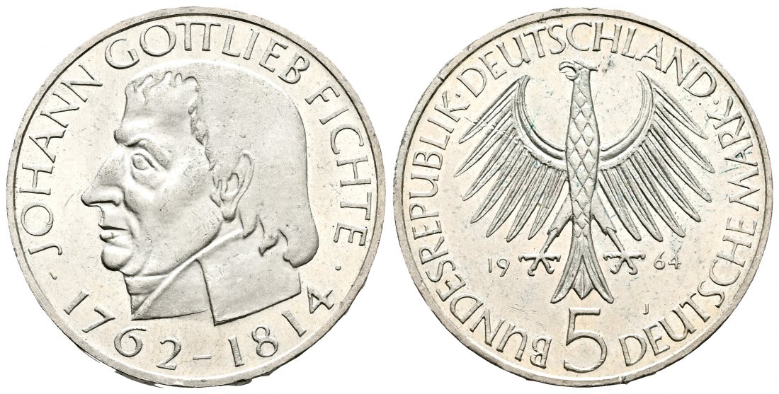 PEUS 2195 BRD Johann Gottlieb Fichte (1762 - 1814) 5 Mark 1964 J Kl. Kratzer, Vorzüglich / Stempelglanz