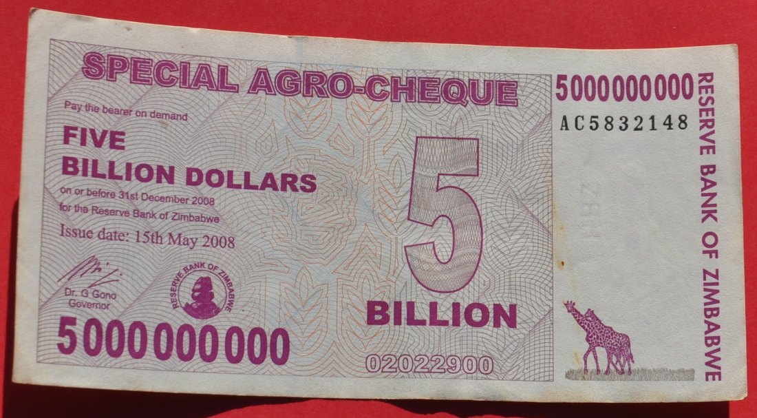  ZIMBABWE 5 Billion Dollars 2008 (5 Milliarden), Special Agro-Cheque currency   