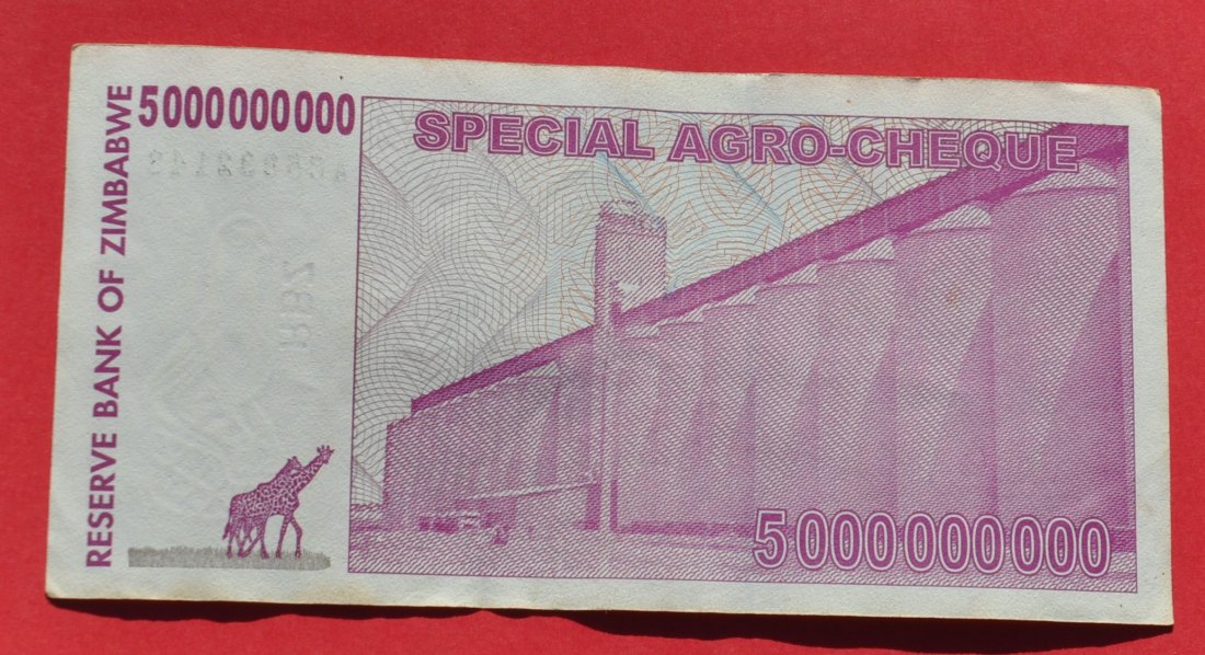  ZIMBABWE 5 Billion Dollars 2008 (5 Milliarden), Special Agro-Cheque currency   