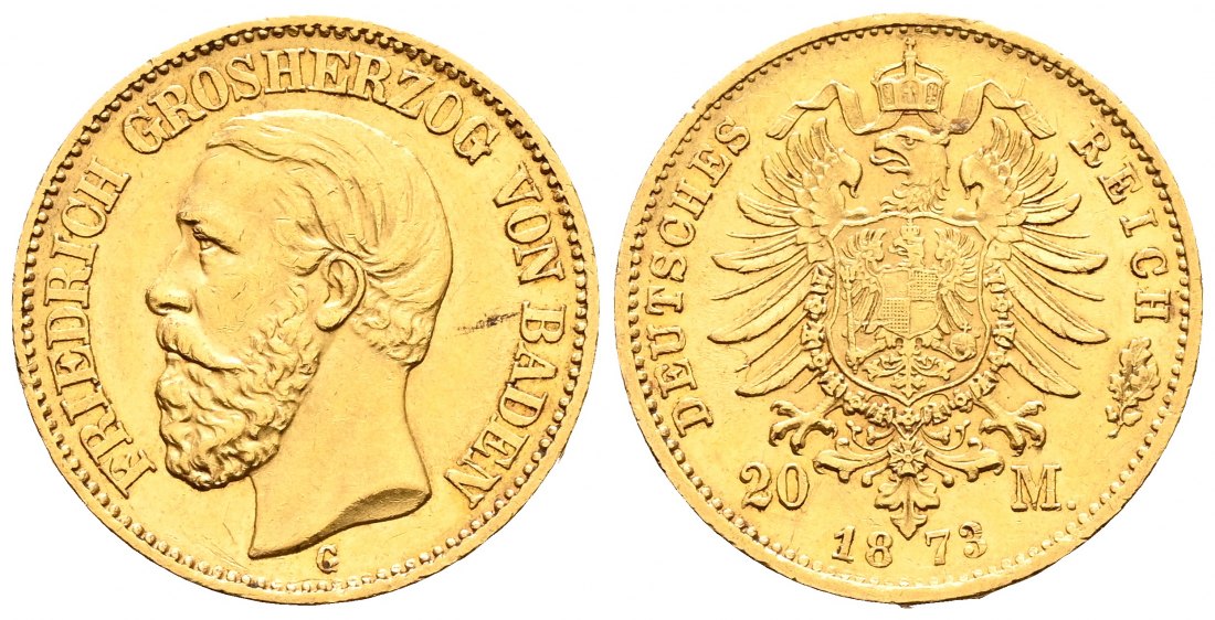 PEUS 2202 Baden - Kaiserreich 7,17 g Feingold. Friedrich I. (1852 - 1907) 20 Mark GOLD 1873 G Karlsruhe Sehr schön