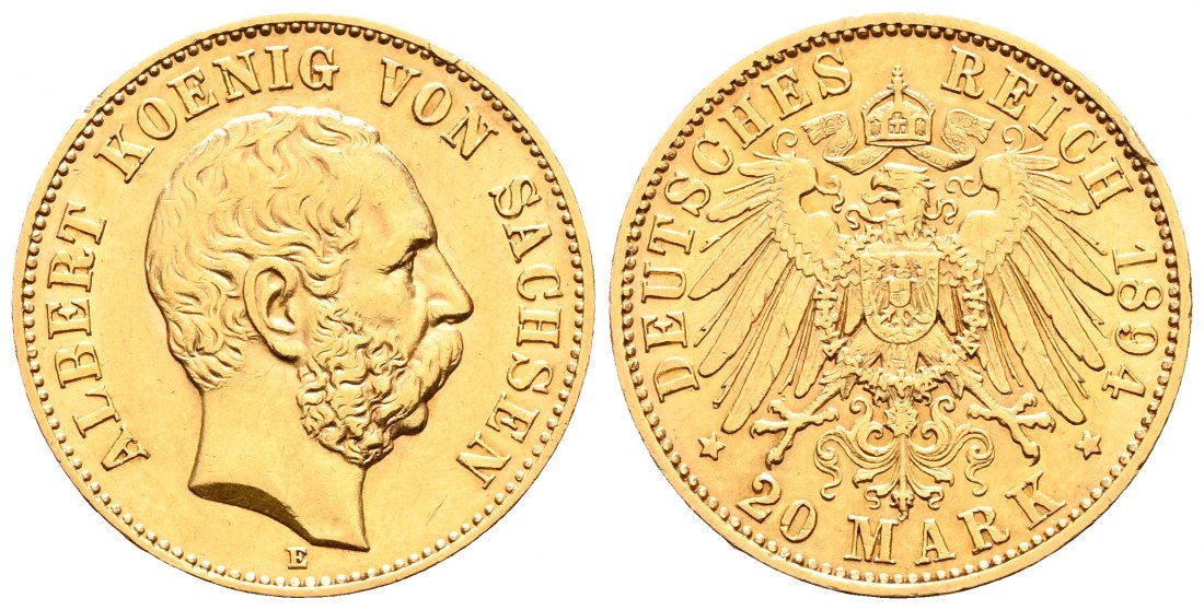 PEUS 2203 Kaiserreich - Sachsen 7,16 g Feingold. Albert (1873 - 1902) 20 Mark GOLD 1894 E Dresden Kl. Kratzer, Sehr schön +