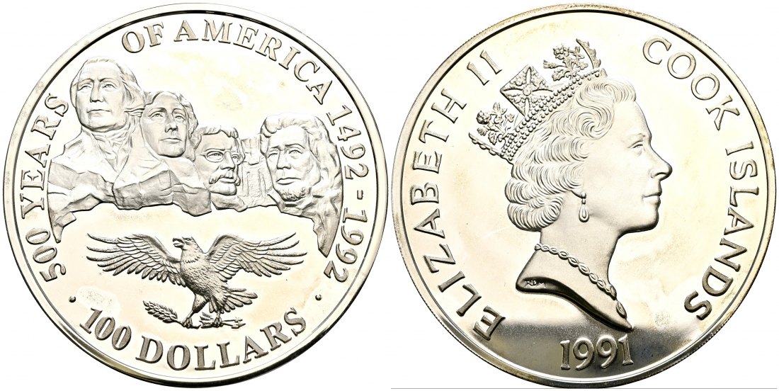 PEUS 2207 Cook Island 157,8 g Feinsilber. 500 Jahre Amerika -  Mount Rushmore 100 Dollars SILBER 1991 Proof (Kapsel)