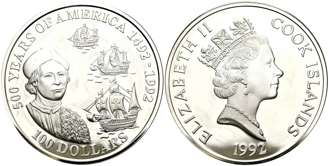 PEUS 2208 Cook Island 157,8 g Feinsilber. 500 Jahre Amerika - Columbus 100 Dollars SILBER 1992 Proof (Kapsel)