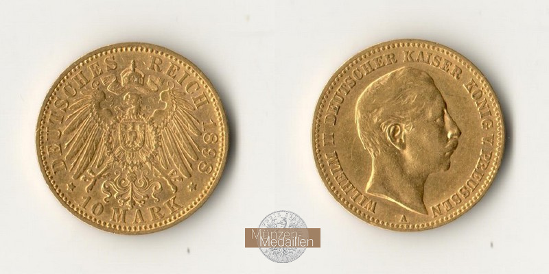 Deutsches Kaiserreich, Preussen. MM-Frankfurt Feingewicht: 3,58g Gold Wilhelm II. 1888-1918. 10 Mark 1898 A 