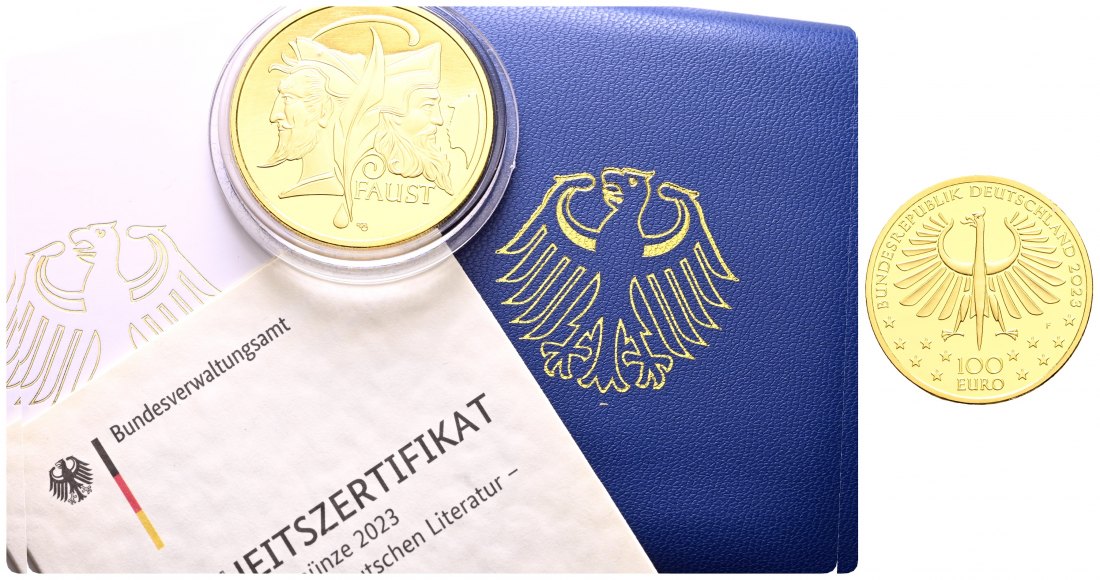 PEUS 2211 BRD 15,55 g Feingold. Deutsche Literatur - Faust mit Etui + Zertifikat 100 Euro GOLD 2023 F Stuttgart Stempelglanz (Kapsel)