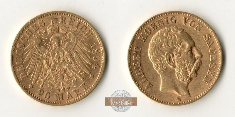 Sachsen, Kaiserreich  20 Mark MM-Frankfurt Feingold: 7,17g Albert 1873-1902 1894 E 