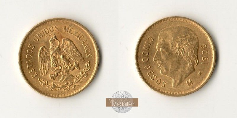 Mexiko  5 Pesos MM-Frankfurt Feingold: 3,75g Miguel Hidalgo y Costilla 1906 