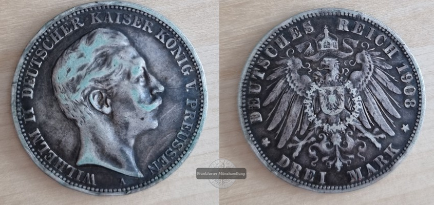  Deutsches Kaiserreich Preussen  3 Mark  Wilhelm II.  1908  A  FM-Frankfurt Feinsilber: 15g   