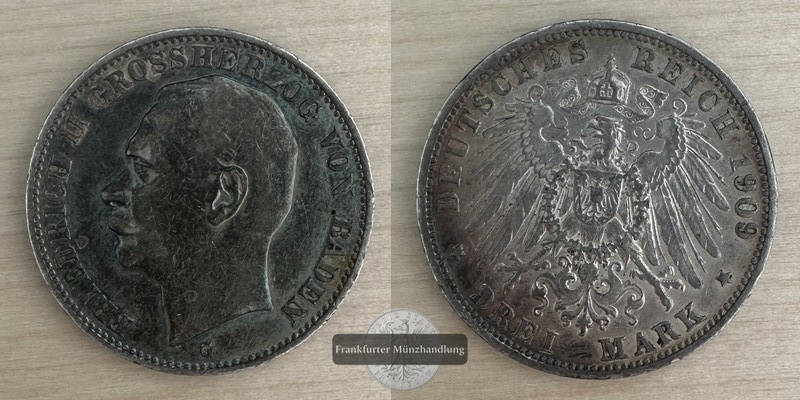  Deutsches Kaiserreich, Baden  3 Mark  1909 G  Friedrich II. 1907-1918  FM-Frankfurt Feinsilber: 15g   