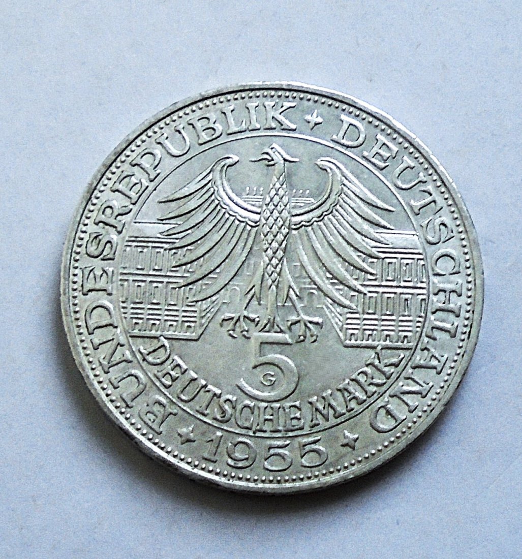  Silber - Gedenkmünze Bundesrepublik: 5 Deutsche Mark 1955 G - Markgraf v. Baden   