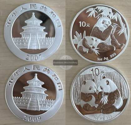  China 2x 10 Yuan 2007&2009 Panda   FM-Frankfurt  Feinsilber: 62g   