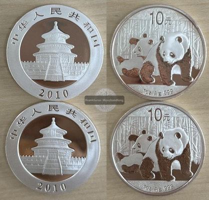  China 2x 10 Yuan 2010 Panda   FM-Frankfurt  Feinsilber: 62g   