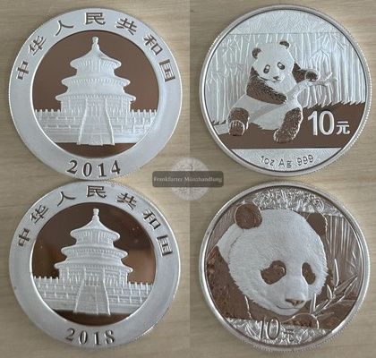  China 2x 10 Yuan 2014/2018 Panda   FM-Frankfurt  Feinsilber: 62g   