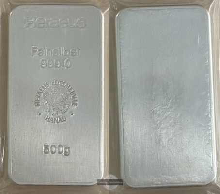  Deutschland Silberbarren 500g HERAEUS  FM-Frankfurt  Feinsilber: 500g   