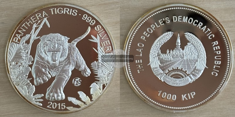  Laos,  1000 Kip  2015 Panthera Tigris - Tiger  FM-Frankfurt  Feinsilber: 20g   