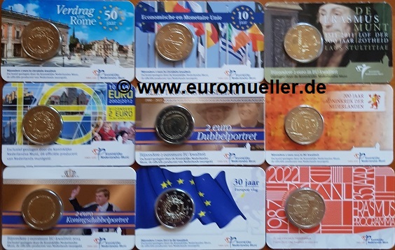 Niederlande Sammlung 2 Euro Gedenkmünzen 2007 - 2022...bu. in Coincard   