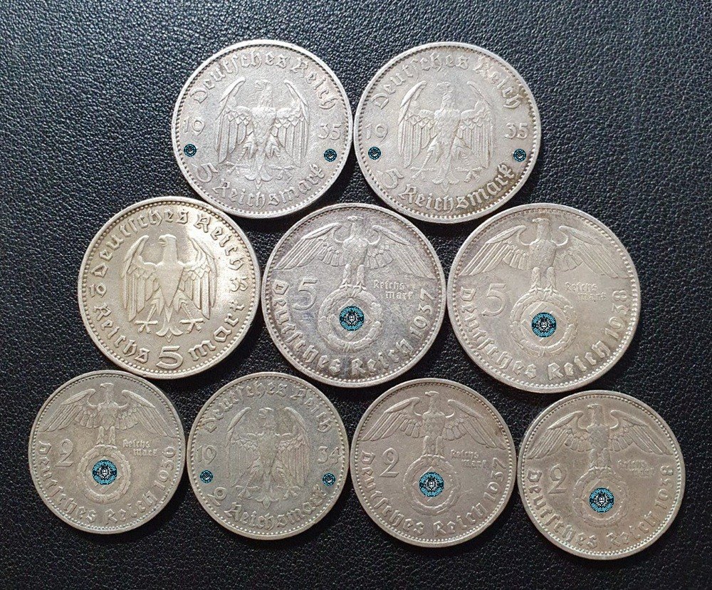  Drittes Reich 5 & 2 Reichsmark Silbermünzen 82,5 Gramm fein   