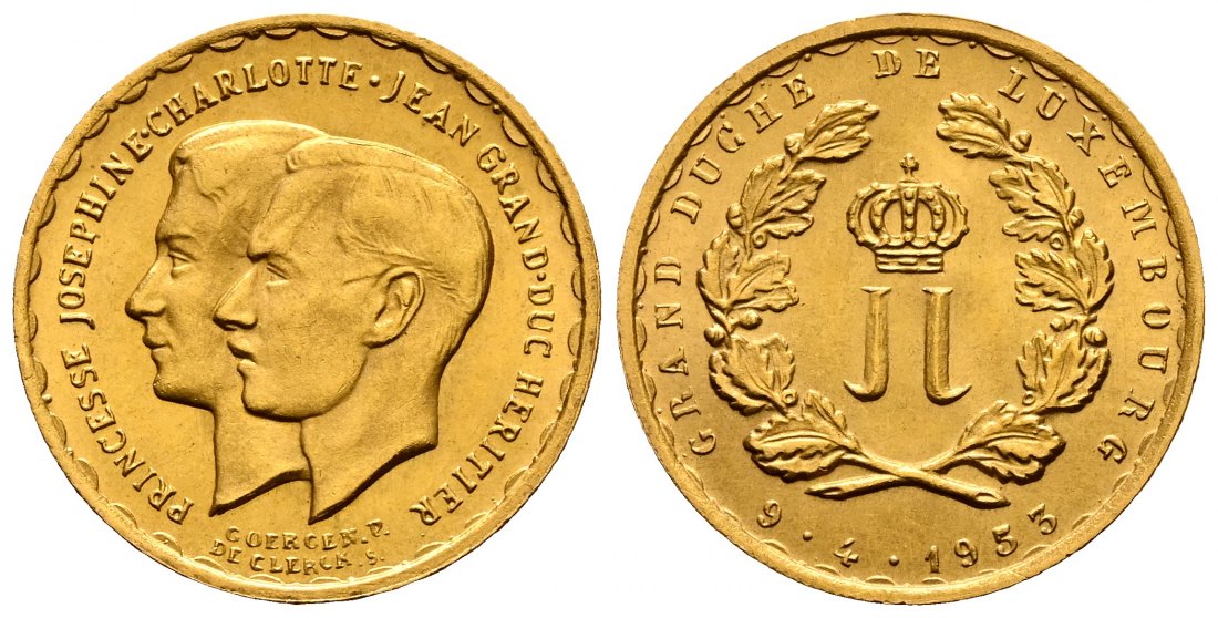 PEUS L07 Luxemburg 5,81 g Feingold. Hochzeit 20 Francs GOLD 1953 Fast Stempelglanz