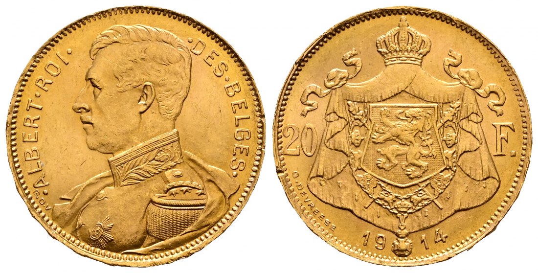 PEUS L09 Belgien 5,81 g Feingold. Albert (1909 - 1934) 20 Francs GOLD 1914 Kl. Kratzer, Vorzüglich