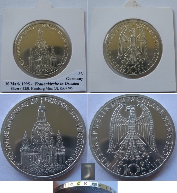  1995-Germany-10 Mark (J)- Frauenkirche in Dresden-silver coin-BU   