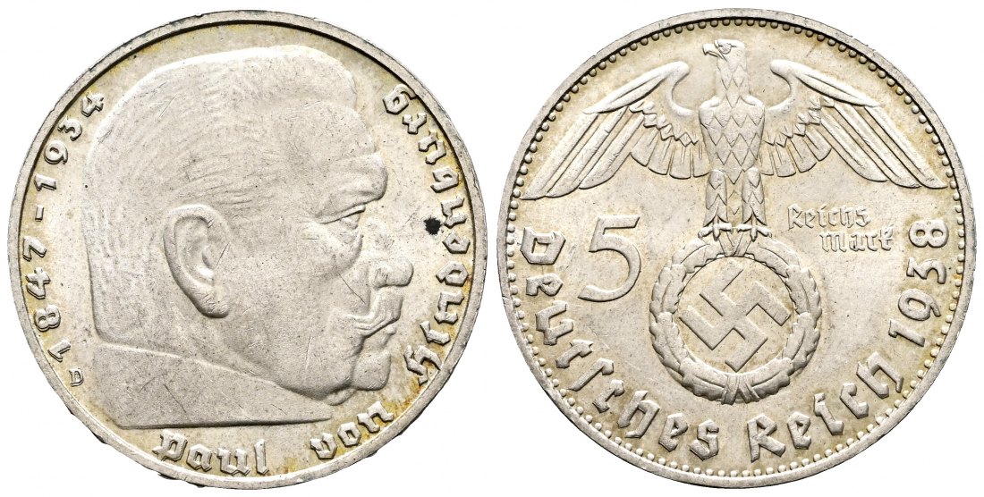 PEUS L02 Drittes Reich  5 Reichsmark 1938 D München Kl. Kratzer, Vorzüglich