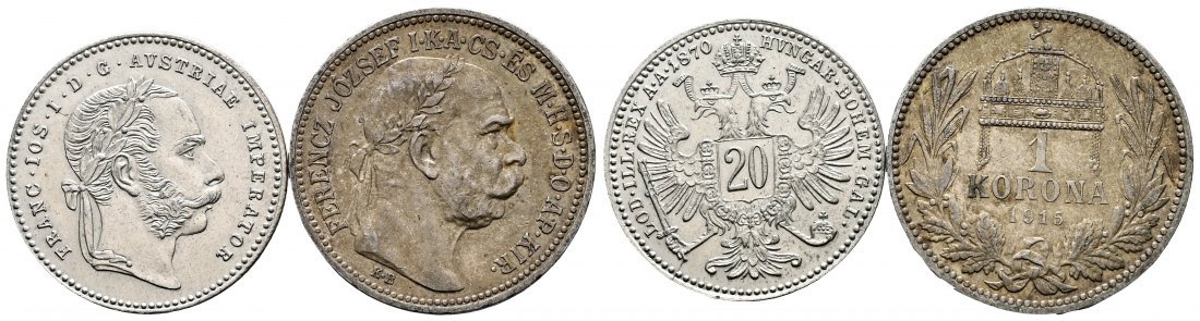 PEUS L03 Österreich / Ungarn 3,89 g Feinsilber. Franz II.(I.) 20 Kreuzer / 1 Korona 1870 + 1915 KB Vorzüglich