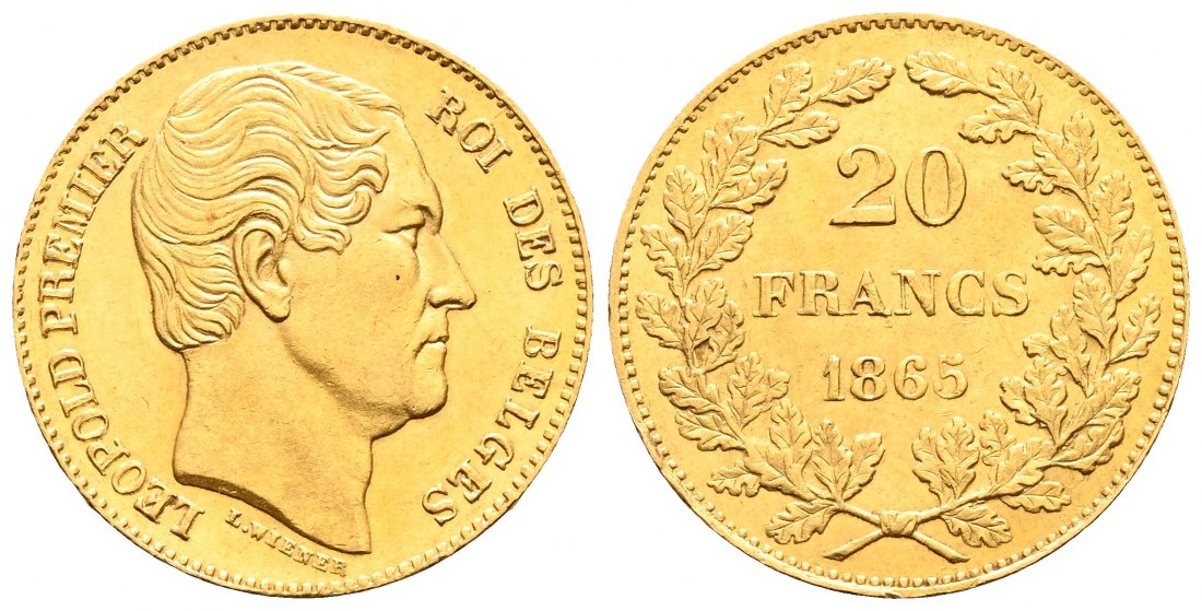 PEUS L04 Belgien 5,81 g Feingold. Leopold I. (1831 - 1865) 20 Francs GOLD 1865 L.WIENER Vorzüglich