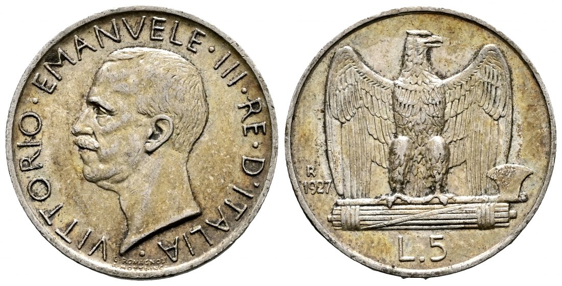 PEUS L10 Italien 4,18 g Feinsilber. Vittorio Emanuelle III. 5 Lire SILBER 1927 R Uncirculated