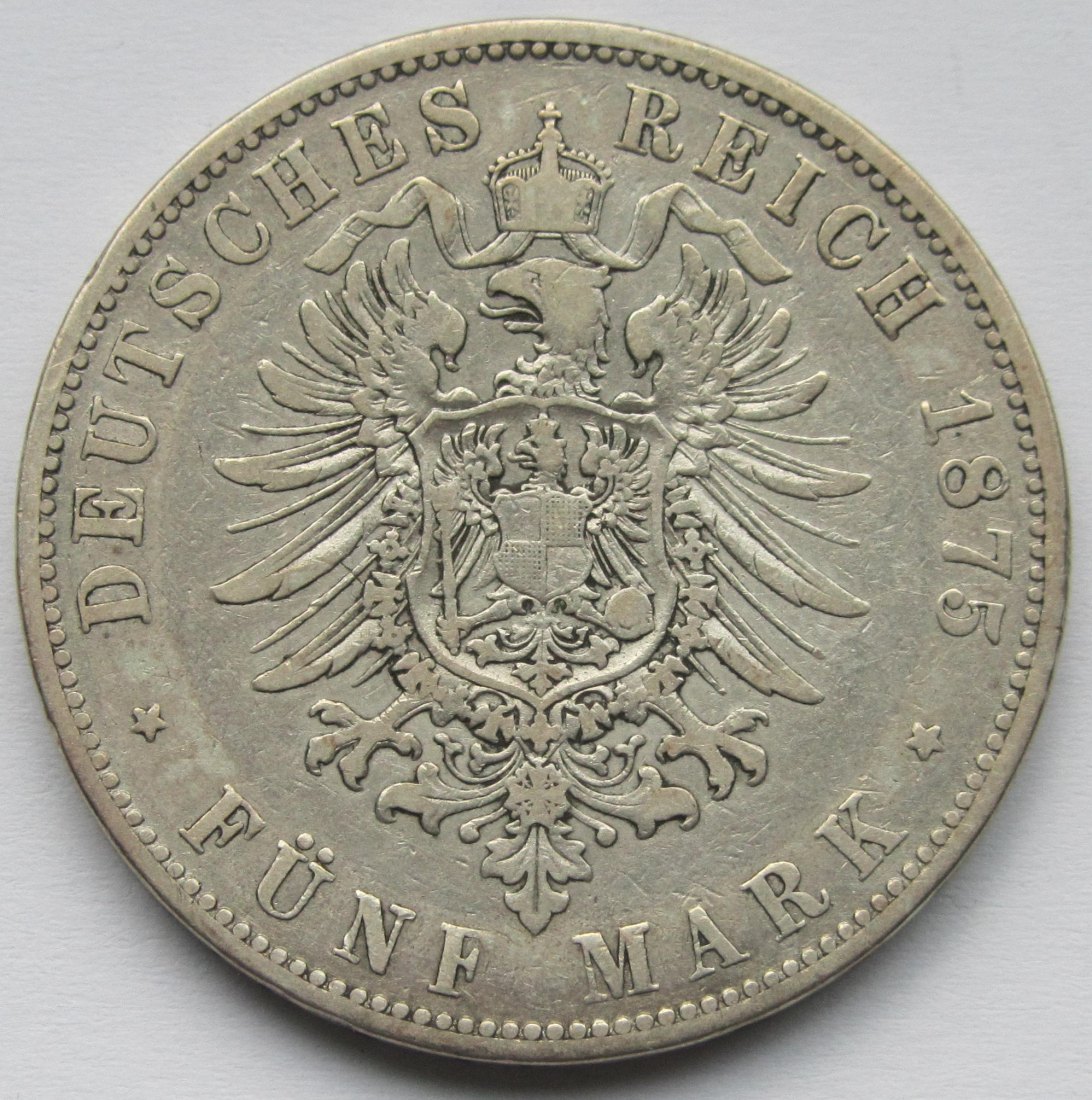  Kaiserreich: Hamburg, 5 Mark (Jaeger 62), 1875   