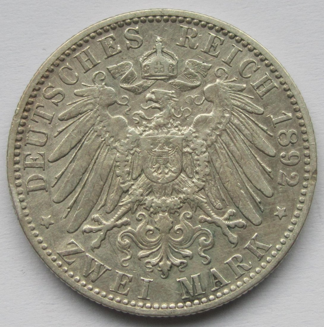  Kaiserreich: Preußen, 2 Mark Wilhelm II. (Jaeger 102), 1892, seltener Jahrgang   