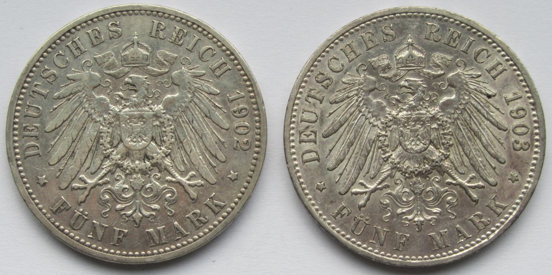  Kaiserreich: Preußen, 5 Mark Wilhelm II. (Jaeger 104), 2 Stück (1902 + 1903)   