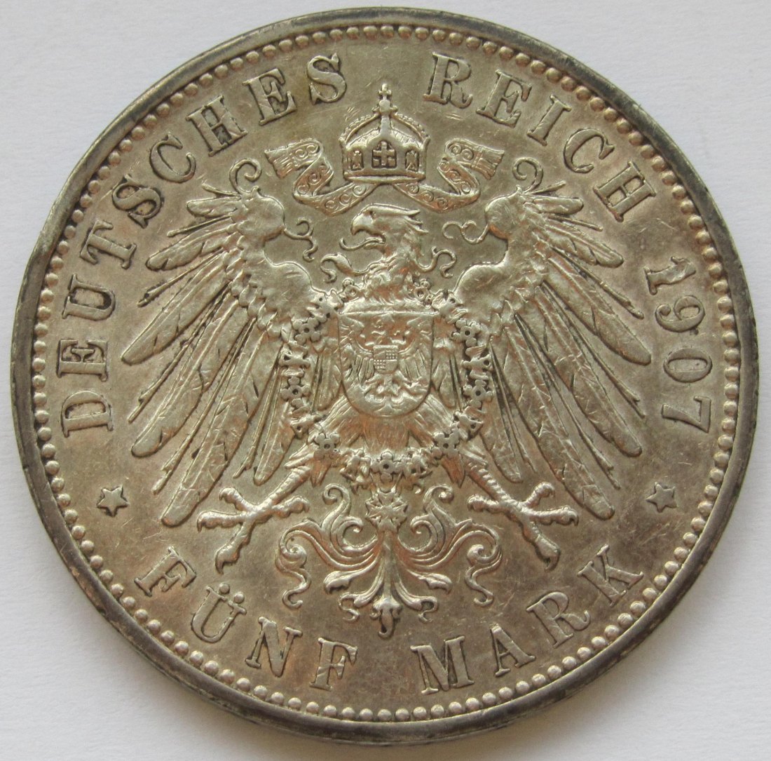  Kaiserreich: Sachsen, 5 Mark Friedrich August III. (Jaeger 136), 1907   