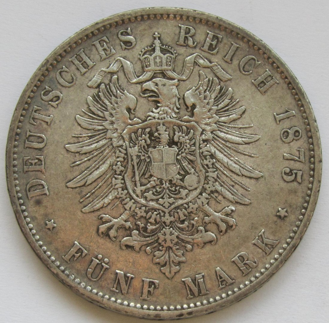  Kaiserreich: Württemberg, 5 Mark Karl (Jaeger 173), 1875   