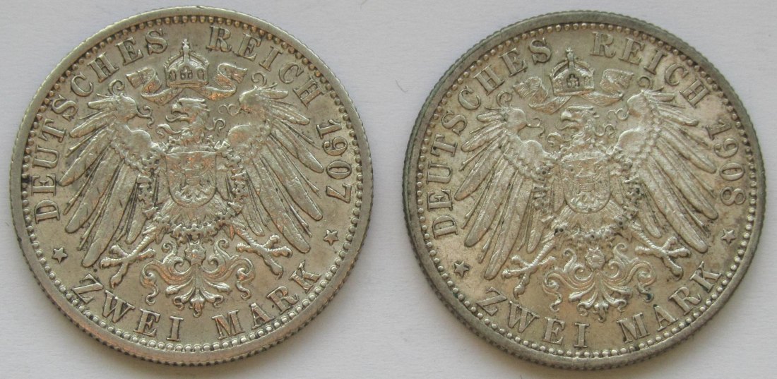  Kaiserreich: Württemberg, 2 Mark Wilhelm II. (Jaeger 174), 2 Stück (1907 + 1908)   